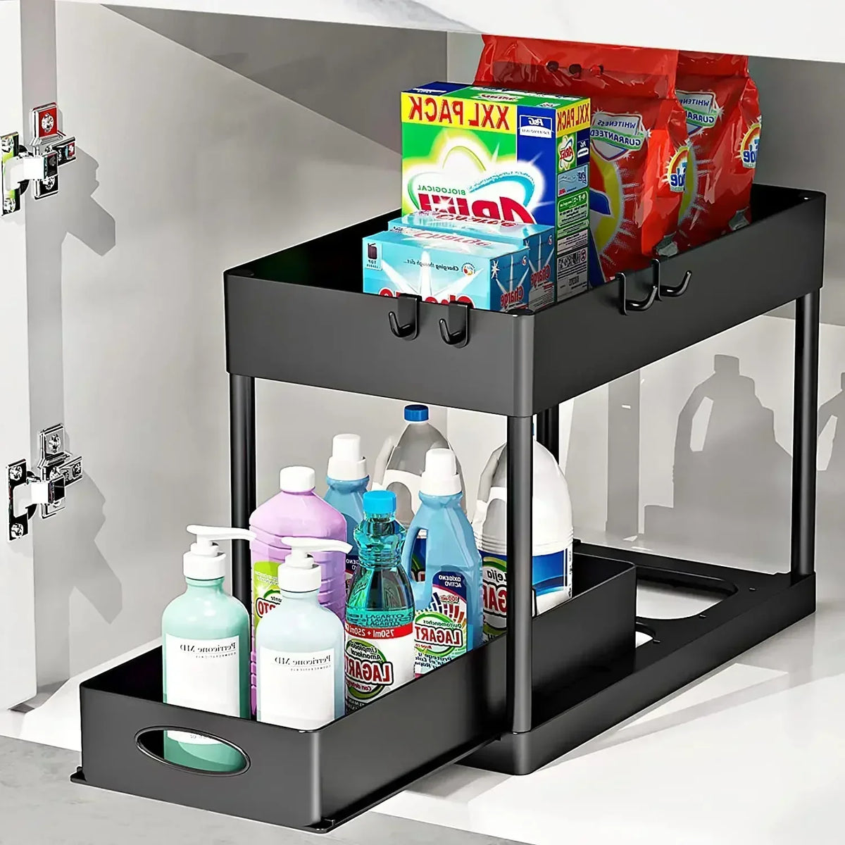 Tier Under Sink Organizer Sliding Storage Rack Hooks