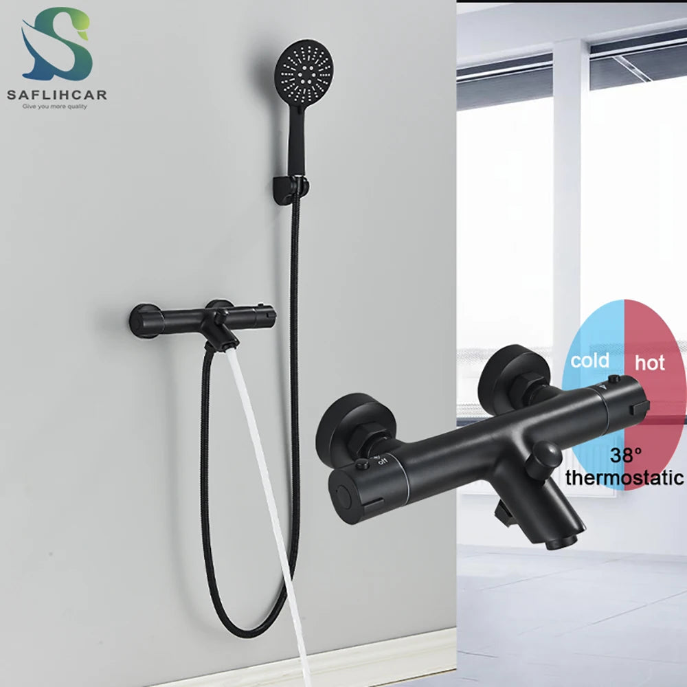 Black Thermostatic Bathroom Shower Faucet Dual Handle Bathtub