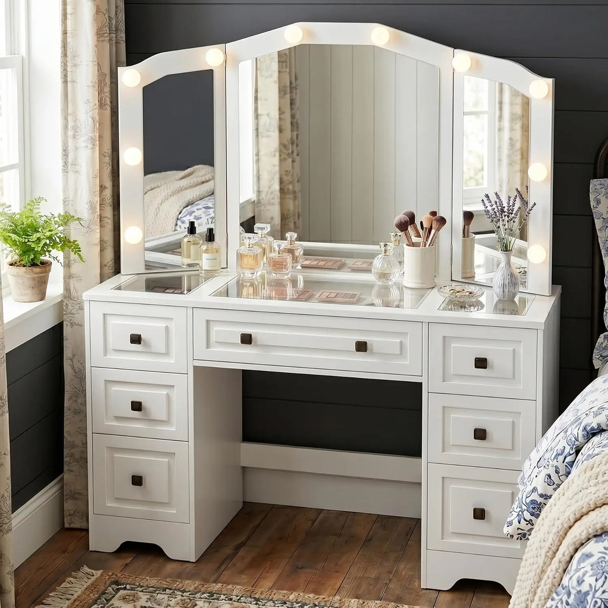 White Retro Lighted Vanity Desk Tri-Fold Mirror Drawers