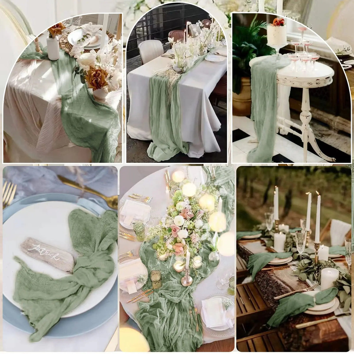 6-72pcs Sage Green Cheesecloth Table Runners Boho Gauze