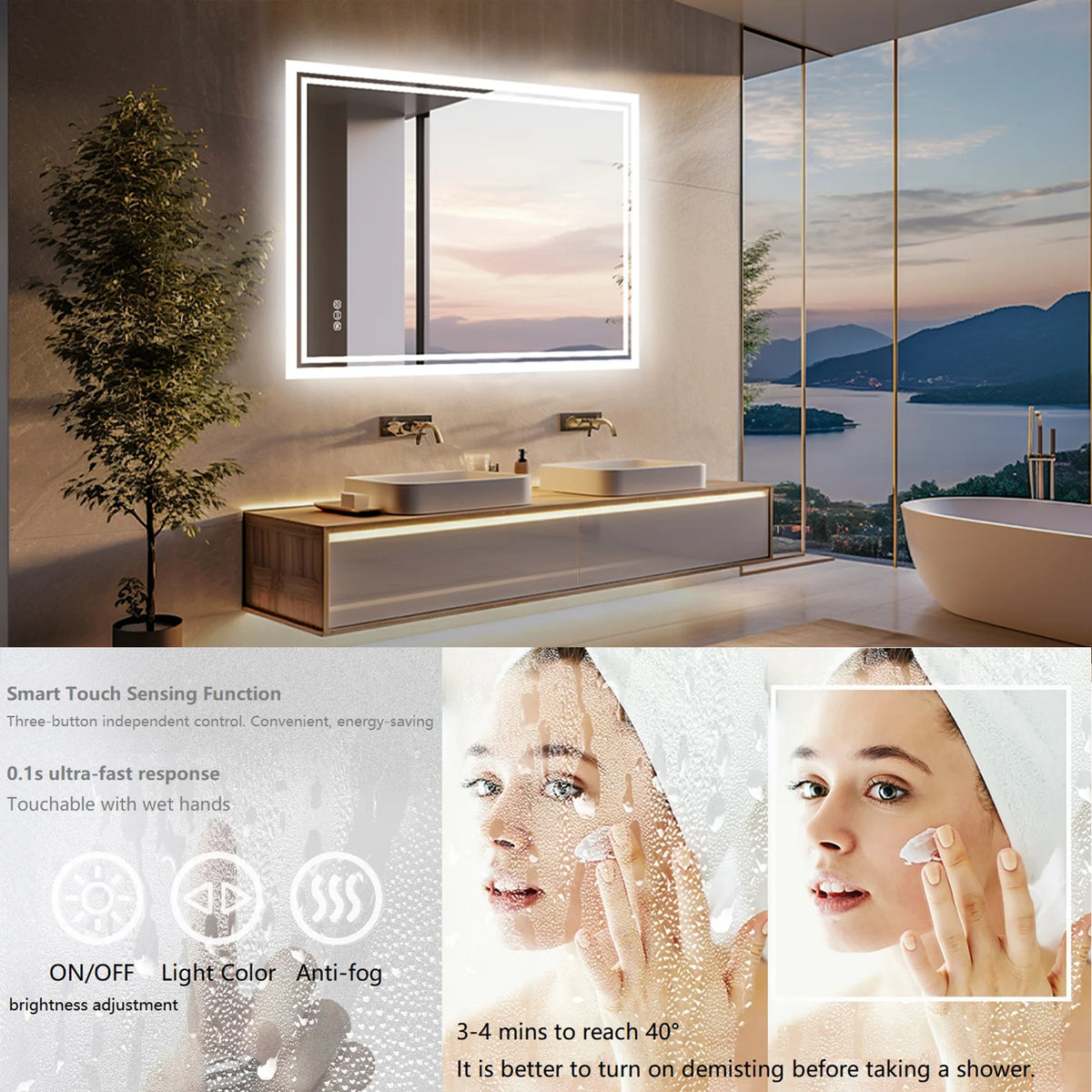 Led Backlit Mirror Bathroom Vanity Lights Anti-Fog Dimmable