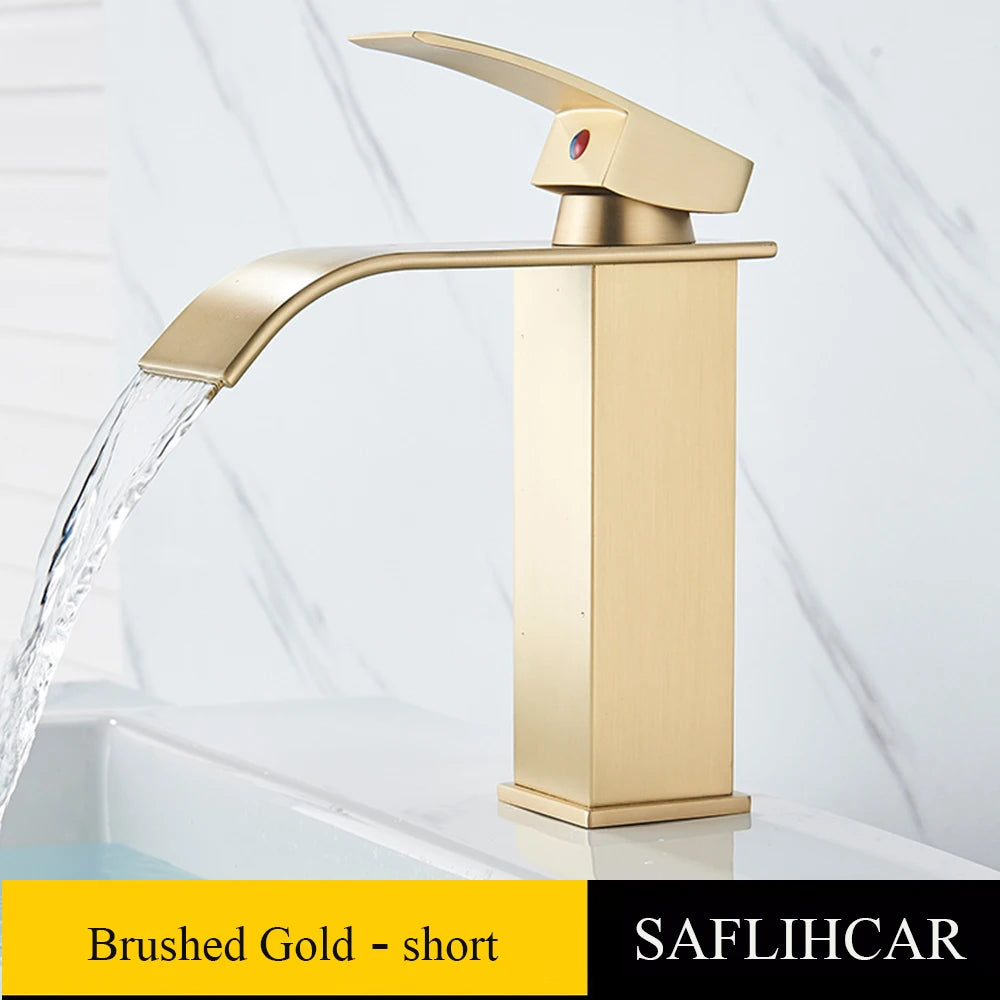 Brushed Gold Basin Sink Faucet Waterfall Outlet Vanity
