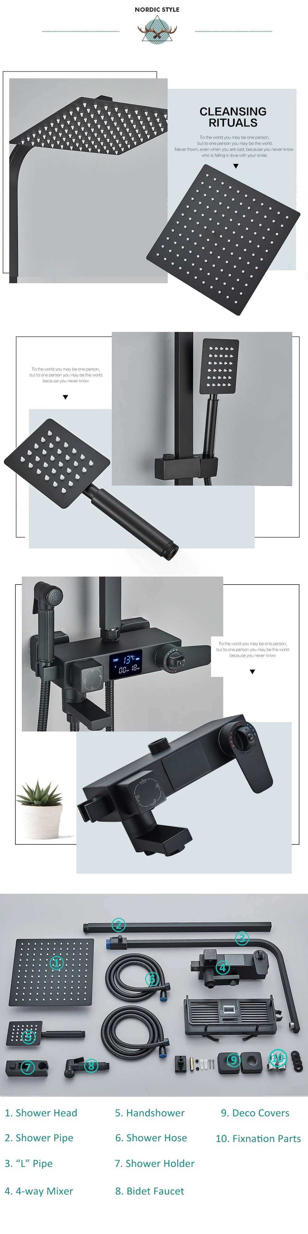 Black Digital Display Thermostatic Shower Faucets Rainfall Shower