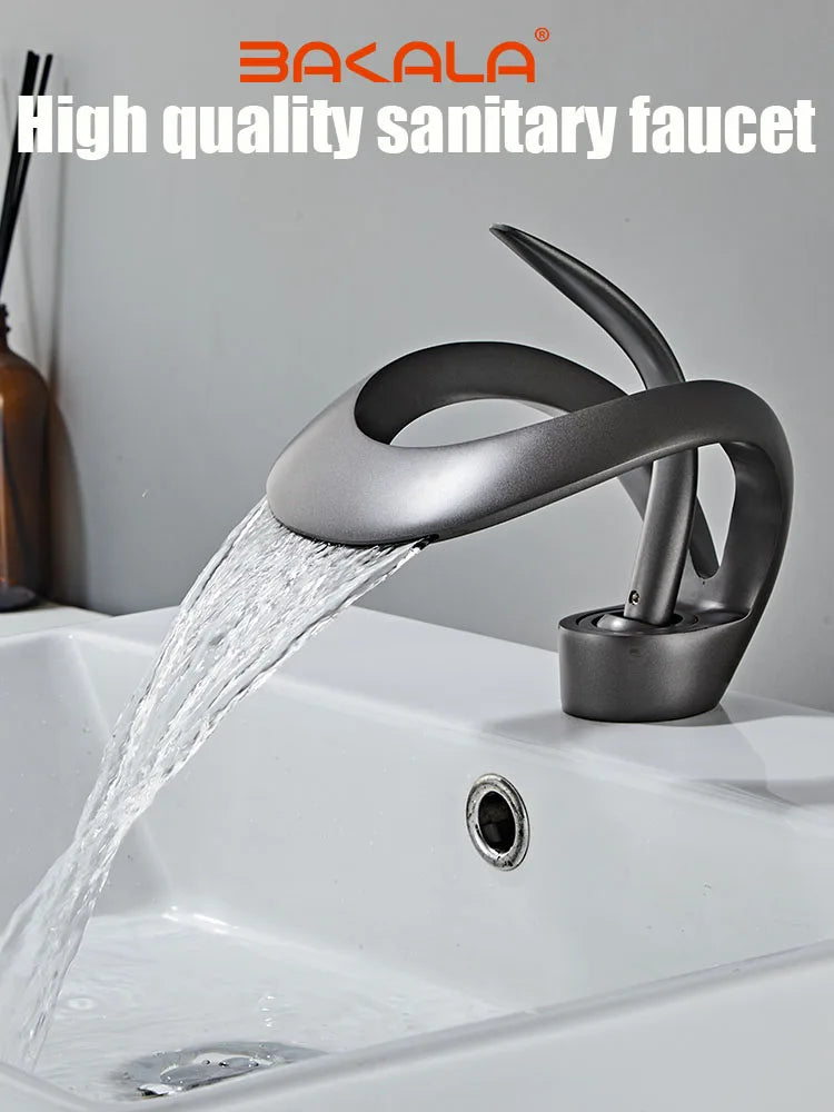 Black Bathroom Basin Taps Handle Waterfall Faucet Solid