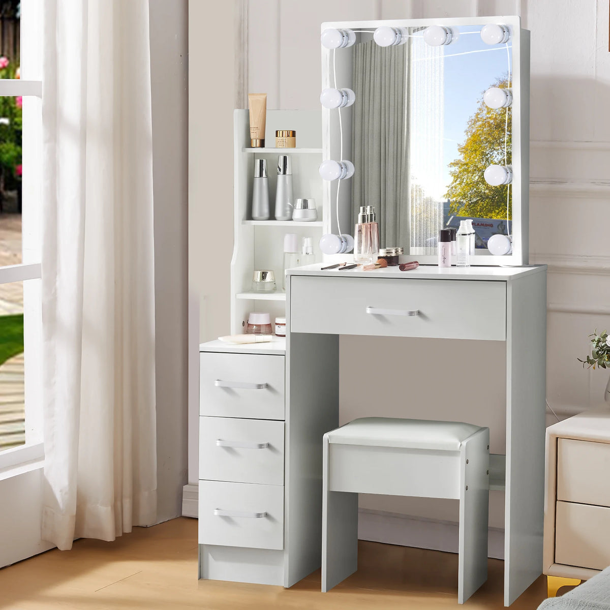 Led Vanity Table Sliding Mirror White Makeup Desk