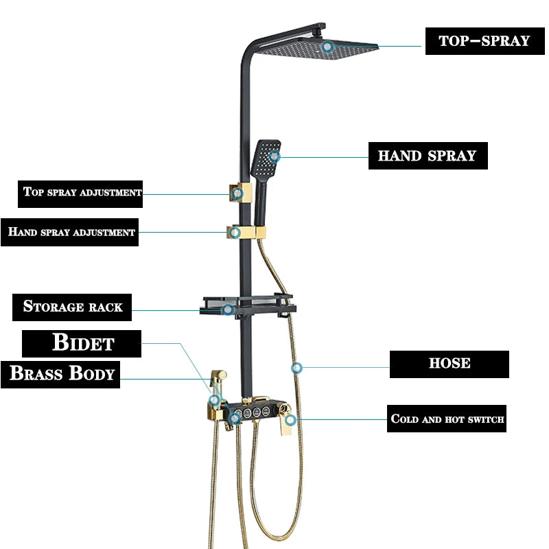 Black Gold Brass Rainfall Shower Faucet Stainless Steel