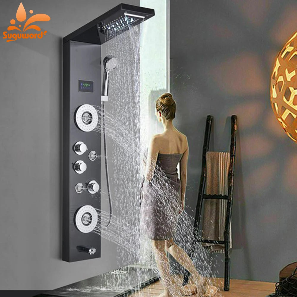 Black Led Shower Panel Column Shower Faucet Bathtub
