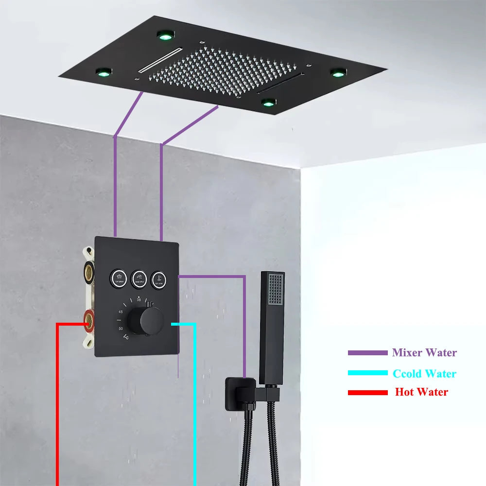 Black Embedded Ceiling Shower Head Intelligent Remote Control