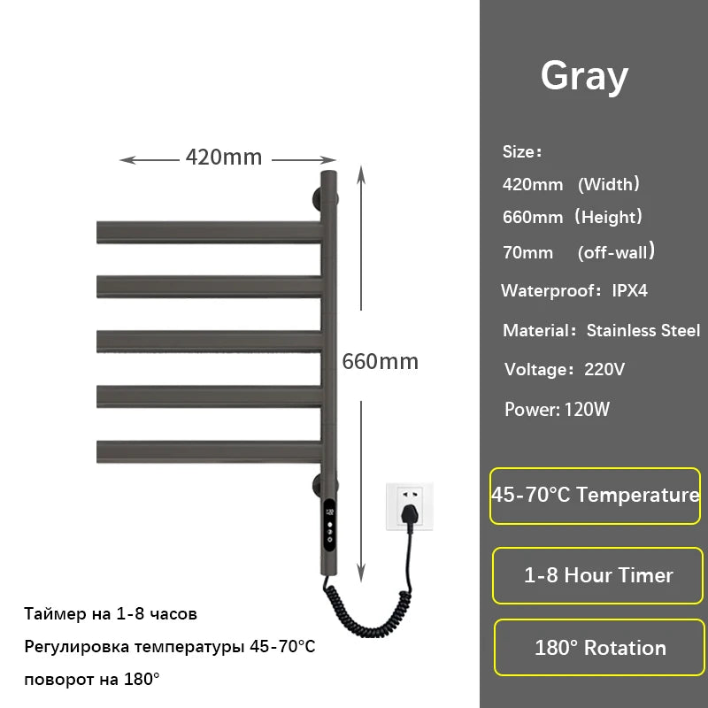 Black/White/Gray Electric Heated Towel Rail Temperature Control