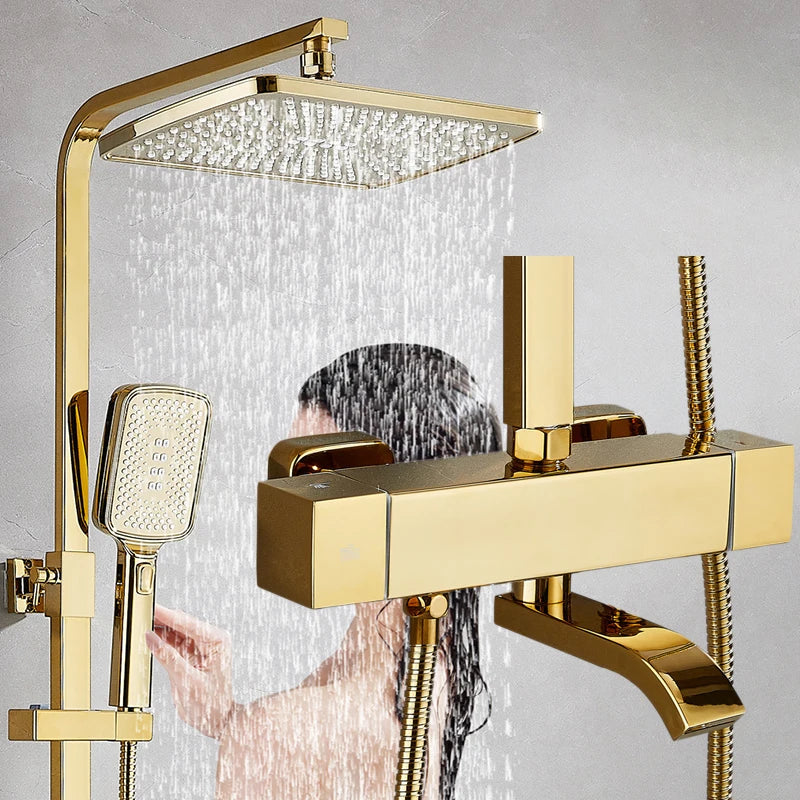 Square Thermostatic Bathroom Shower Quality Brass Cold Gold