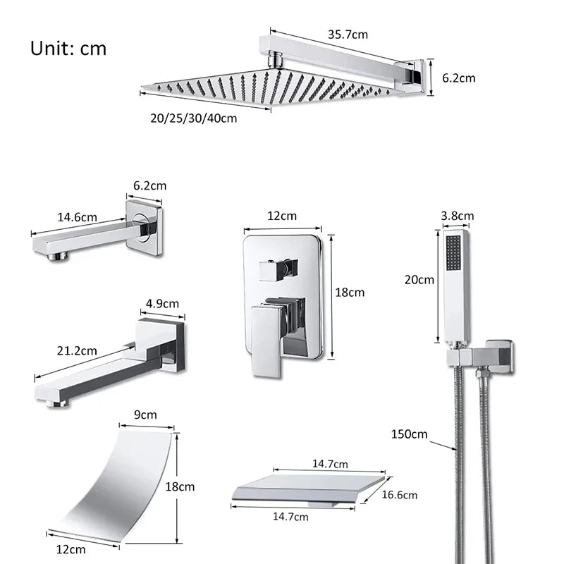 Chrome Concealed Bathroom Rain Waterfall Shower Faucets Wall