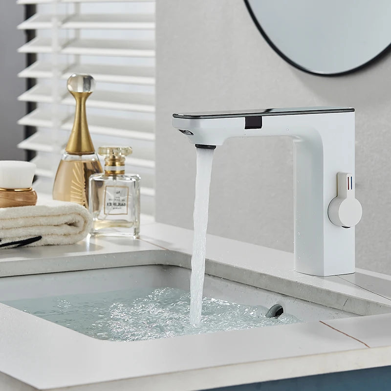 White Touchless Sensor Basin Faucet Smart Digital Display
