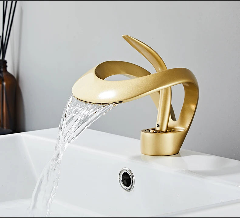 Black Bathroom Basin Taps Handle Waterfall Faucet Solid