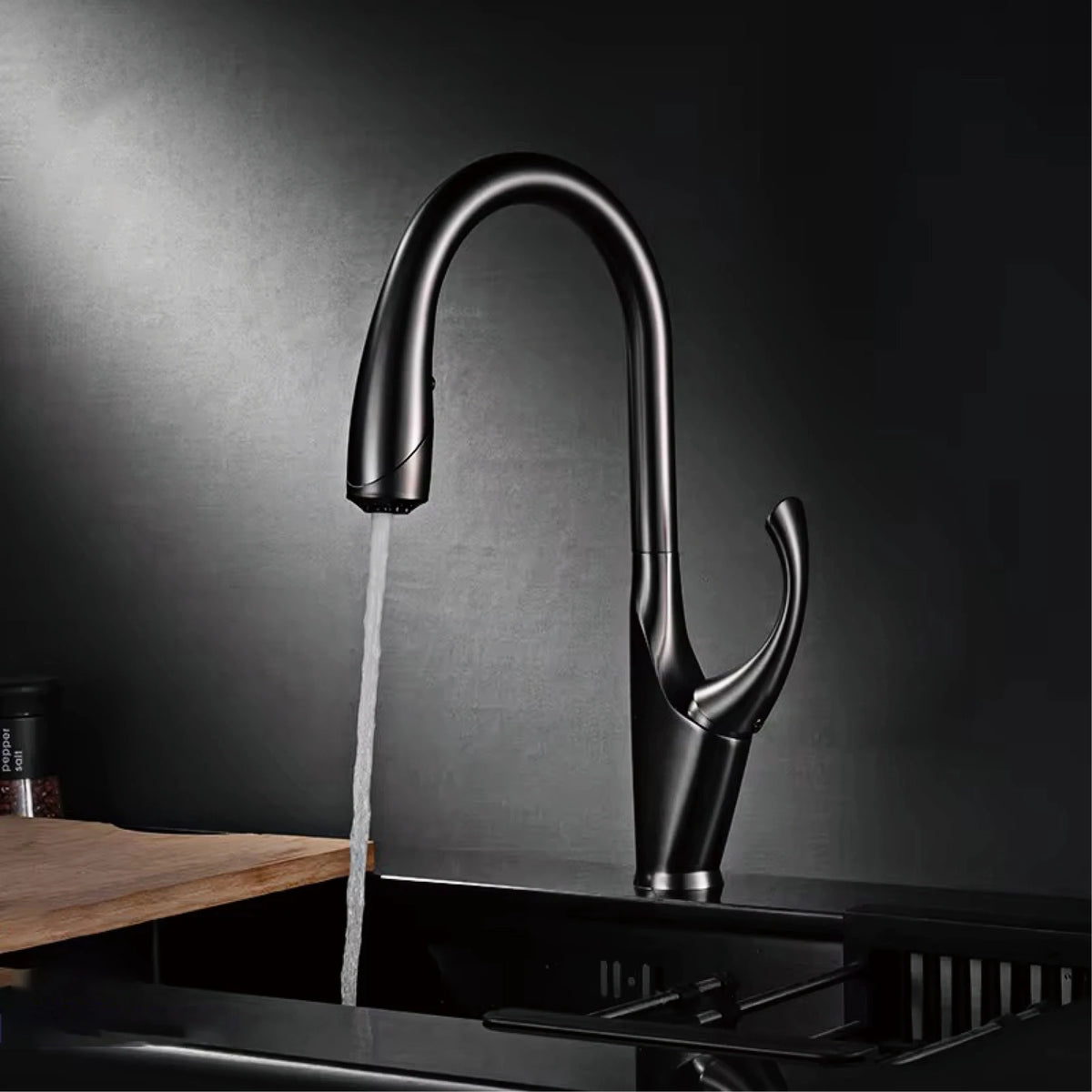 High-End Touch Black Faucet Brass Pull-Out Design Three-Function