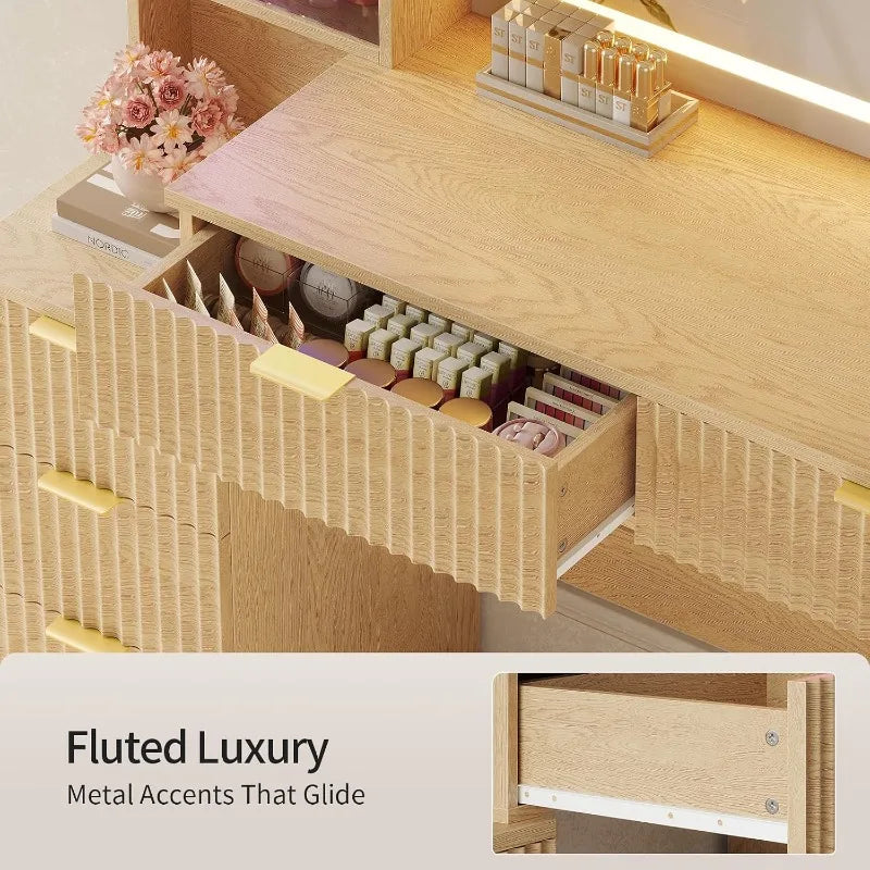 Hauoms Big Vanity Fluted Wood Makeup Vanity Desk