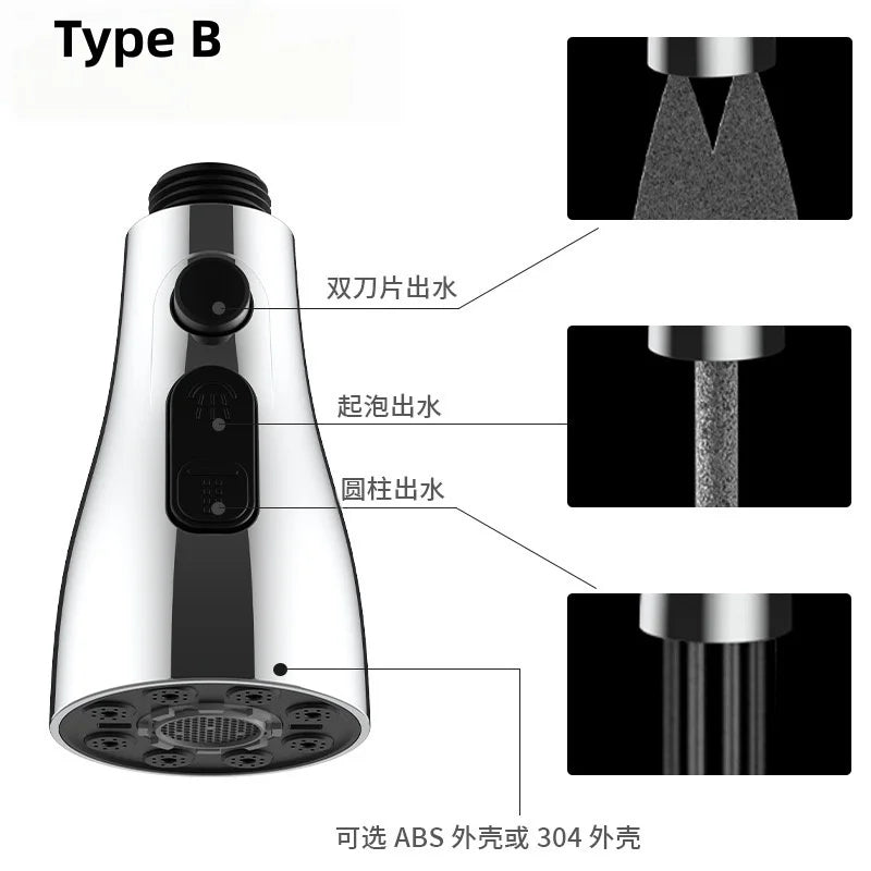 Pull-Out Three-Function Faucet Nozzle Abs Durable Water-Saving