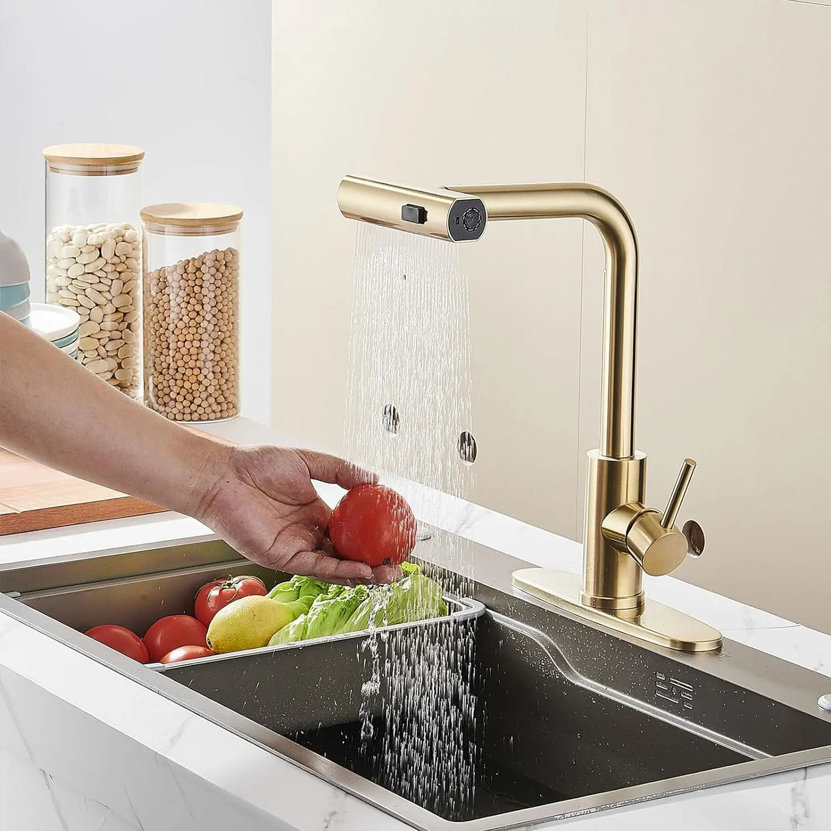 Touch Waterfall Faucet Brushed Gold Cold Pull Out