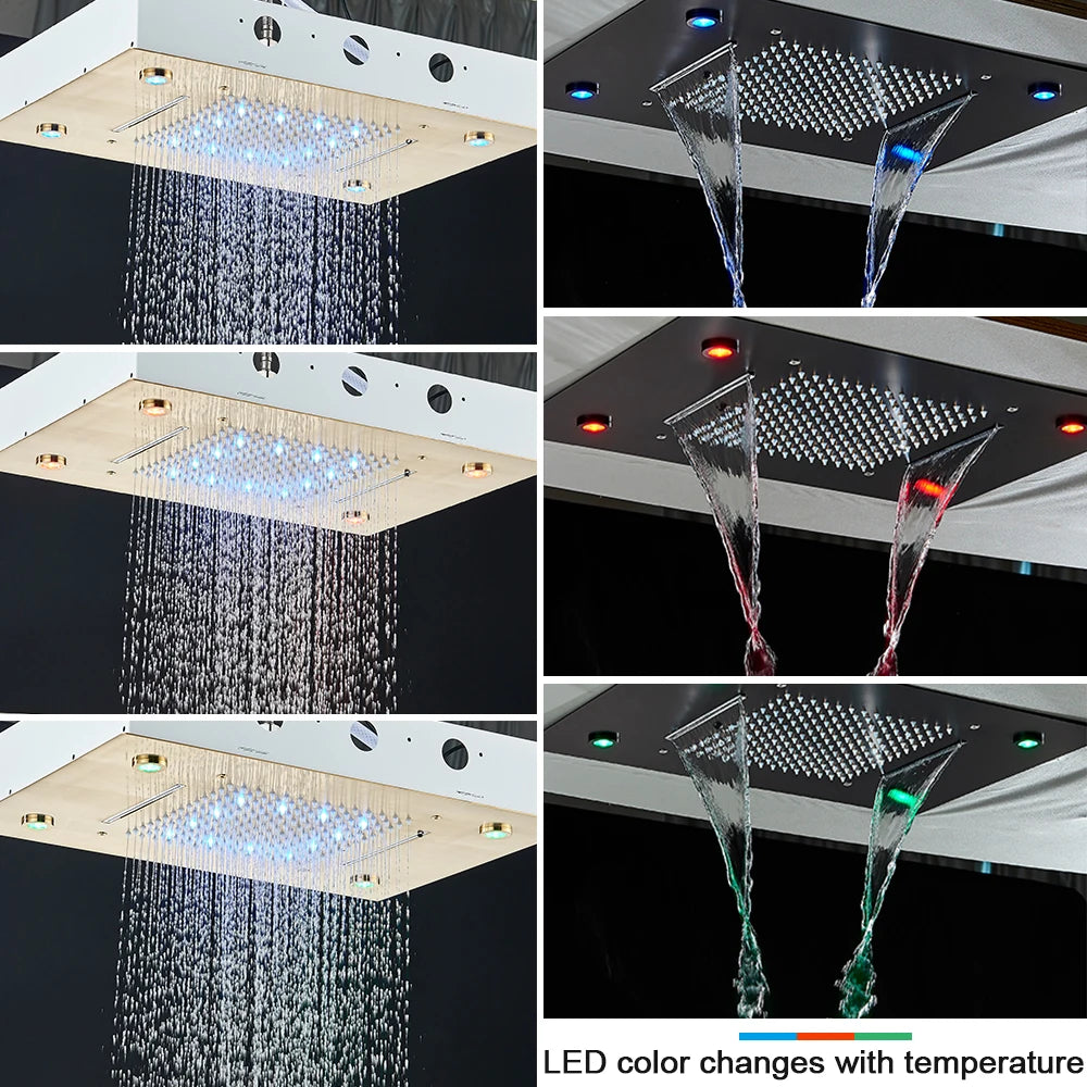 Black Thermostatic Bathroom Shower Faucet Remote Led Rainfall
