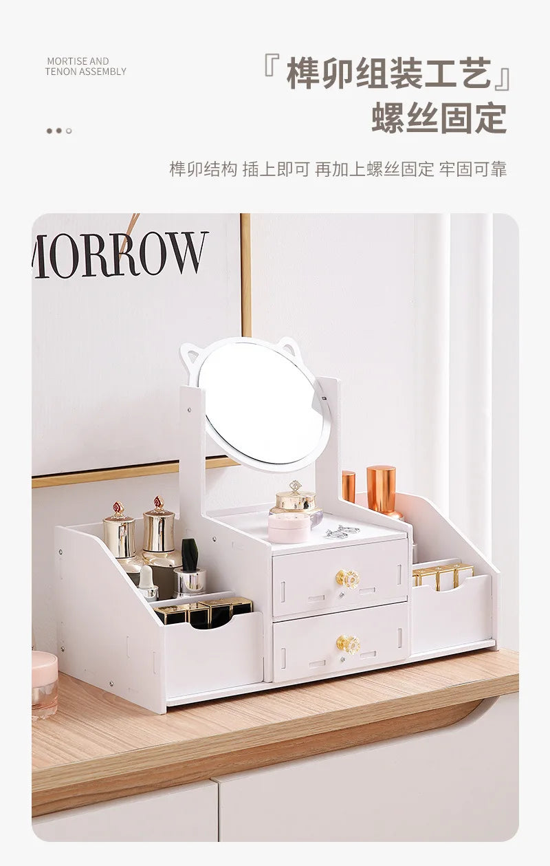 Desktop Drawer-Type Vanity Mirror Storage Box Round Makeup