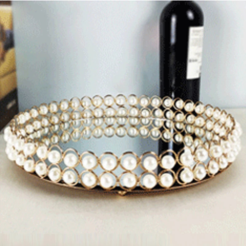 European Pearl-Edged Glass Tray Ornaments Cosmetic Mirror Storage