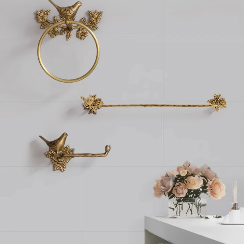 Retro Brass Bird Towel Ring Storage Rack Perforation-Free