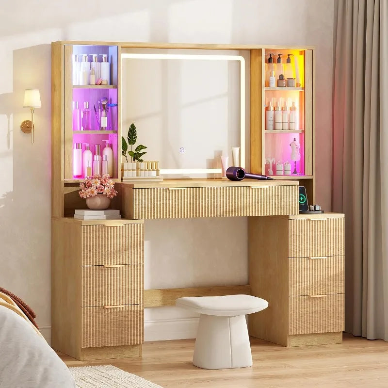 Hauoms Big Vanity Fluted Wood Makeup Vanity Desk