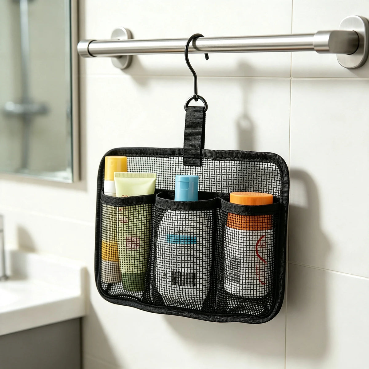 Hanging Shower Caddy Rotatable Hooks Lightweight Mesh Compartment