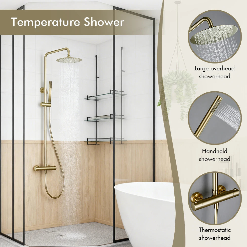 Brushed Gold Thermostatic Shower Faucets Sets Wall Mount