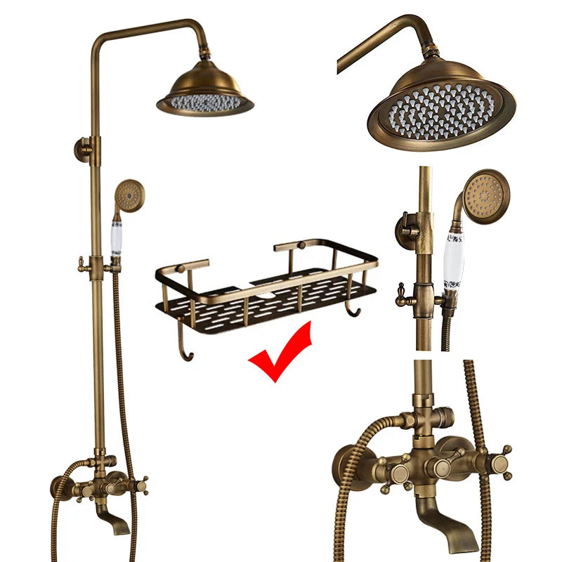 Antique Brass Bathroom Shower Faucets Rainfall Shower Head