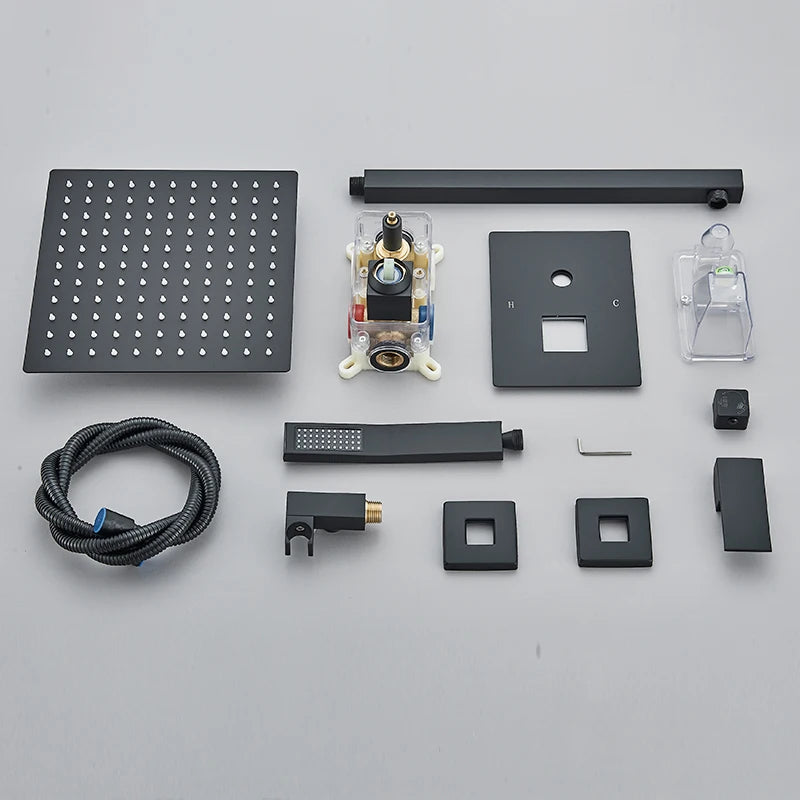 Black Concealed Shower System Rain Waterfall Bathroom Embedded