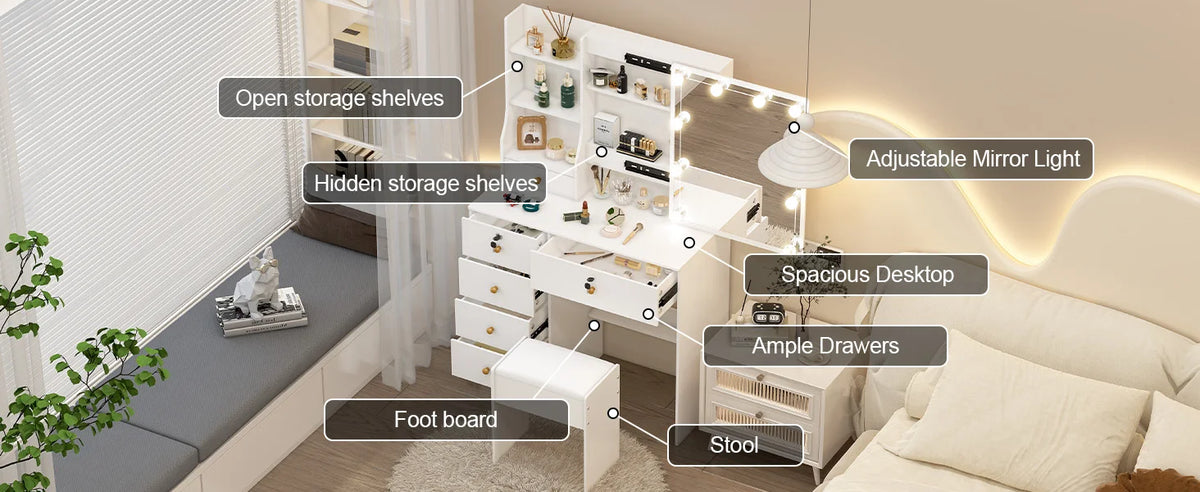 Lighted Vanity Desk Dressing Table Dresser Desk Stool