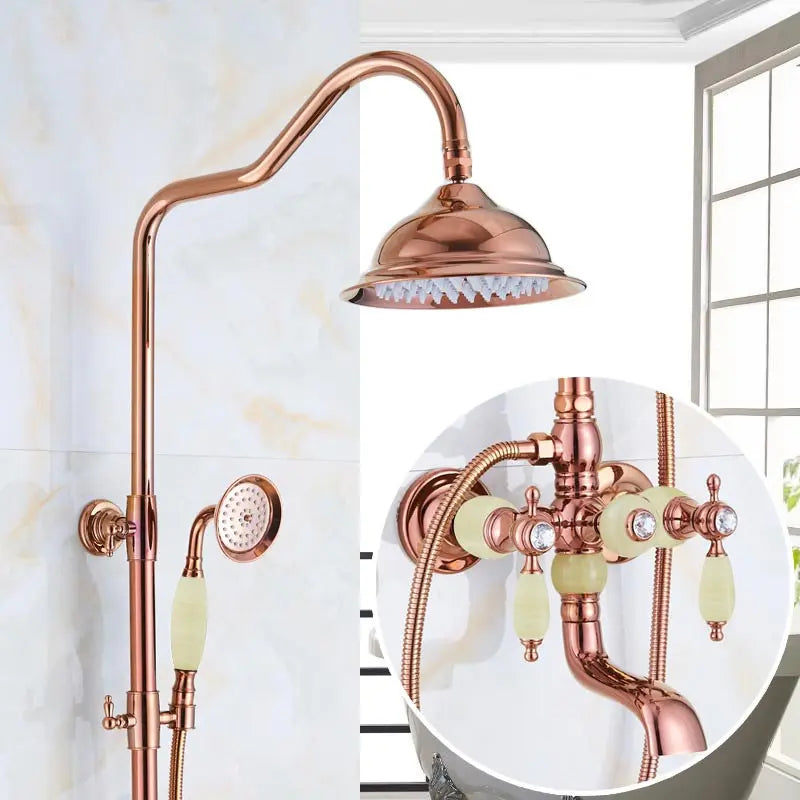 Brass Jade Shower Faucet Wall Mount Rose Gold