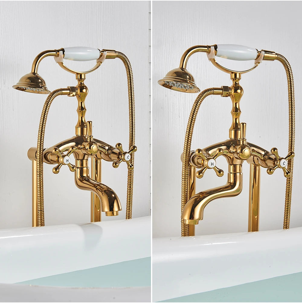 Antique Brass Floor Mounted Bathtub Shower Faucet Dual