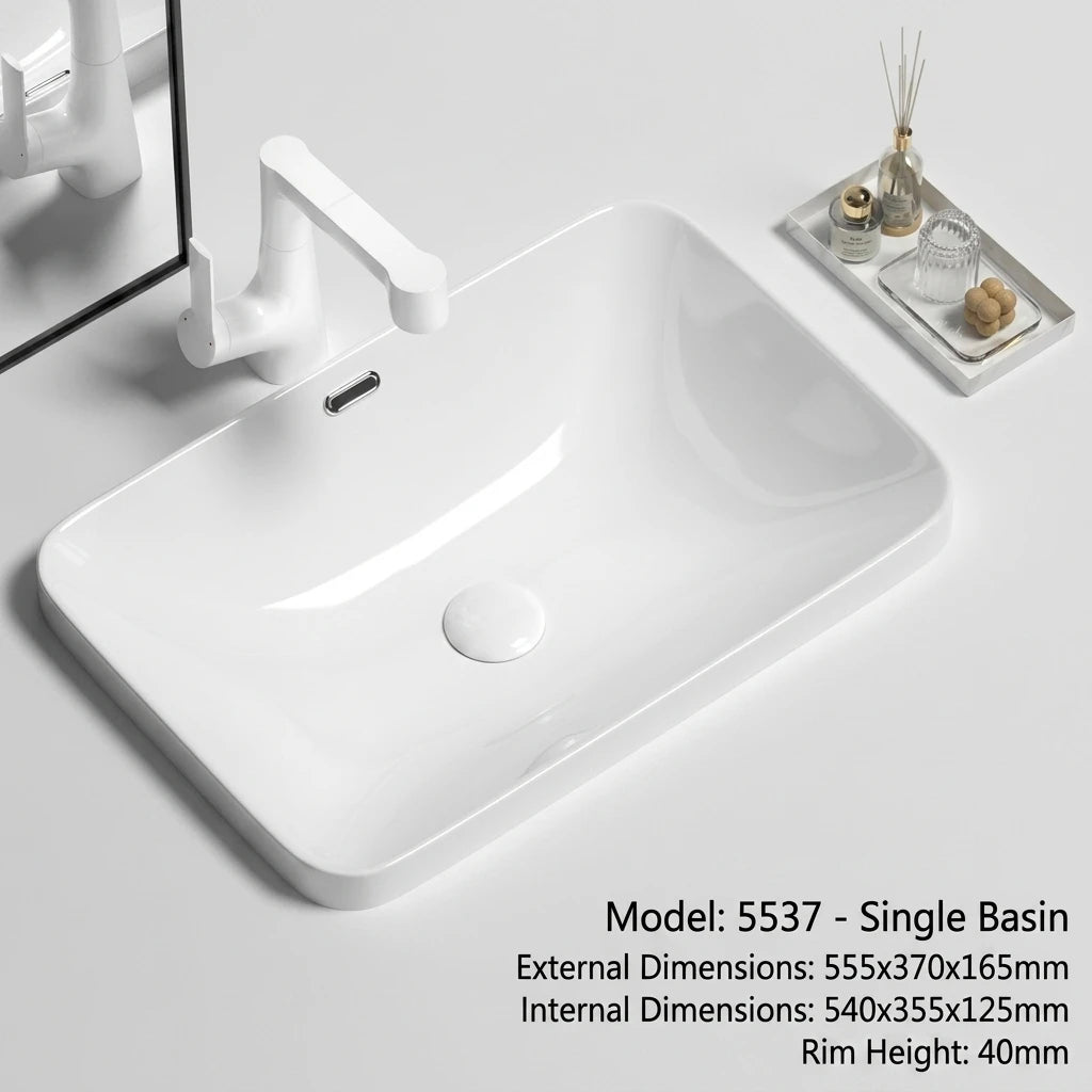 Rectangular Semi Recessed Ceramic Wash Basin Bathroom Countertop