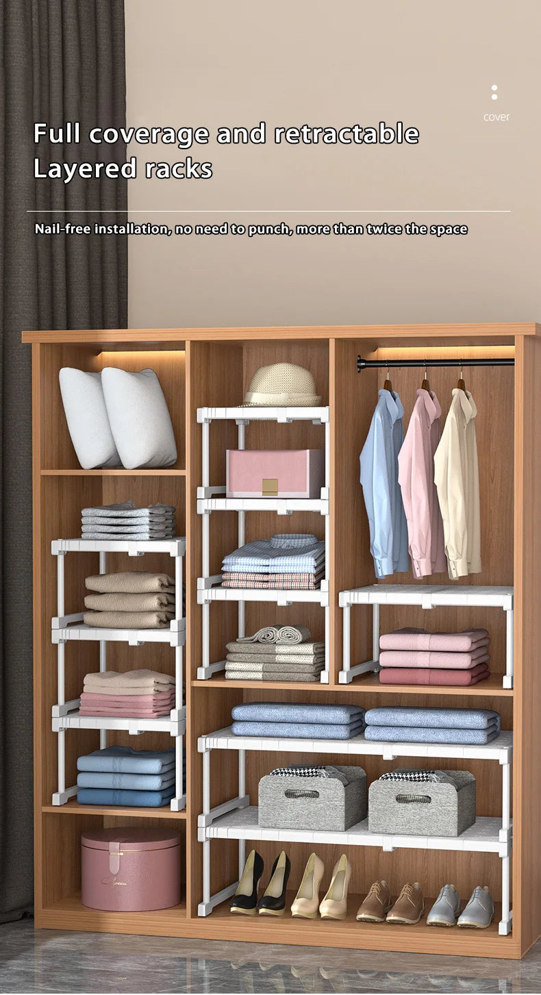 Wardrobe No-Punch Multi-Layer Retractable Adjustable Shelves