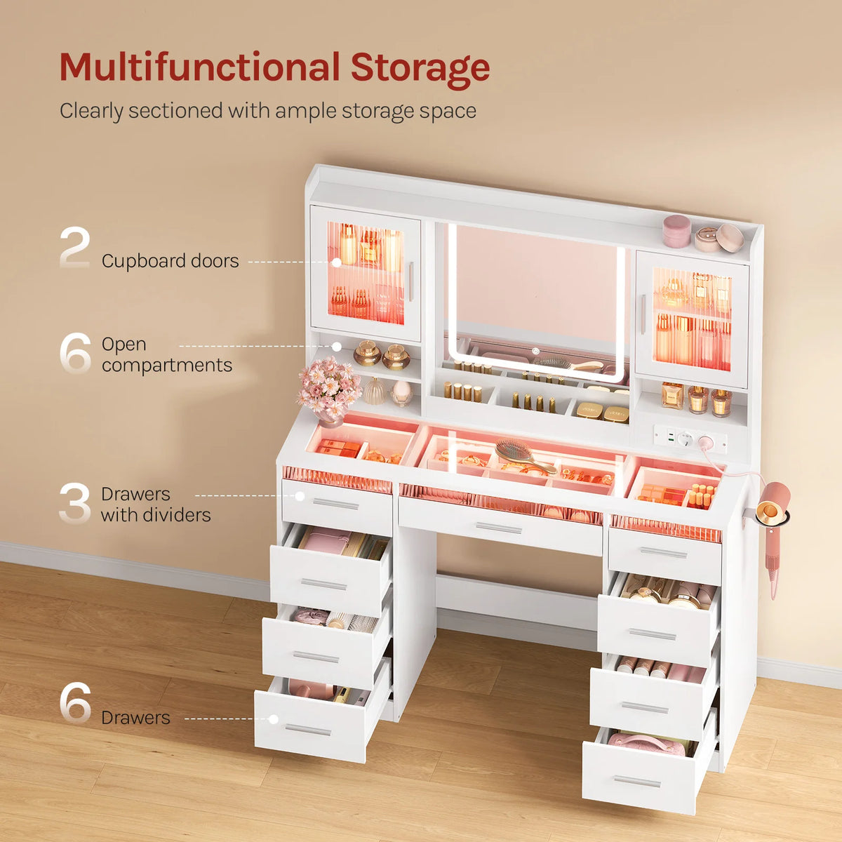Woltu Cosmetic Table Drawers Rgb Lighting Makeup Vanity