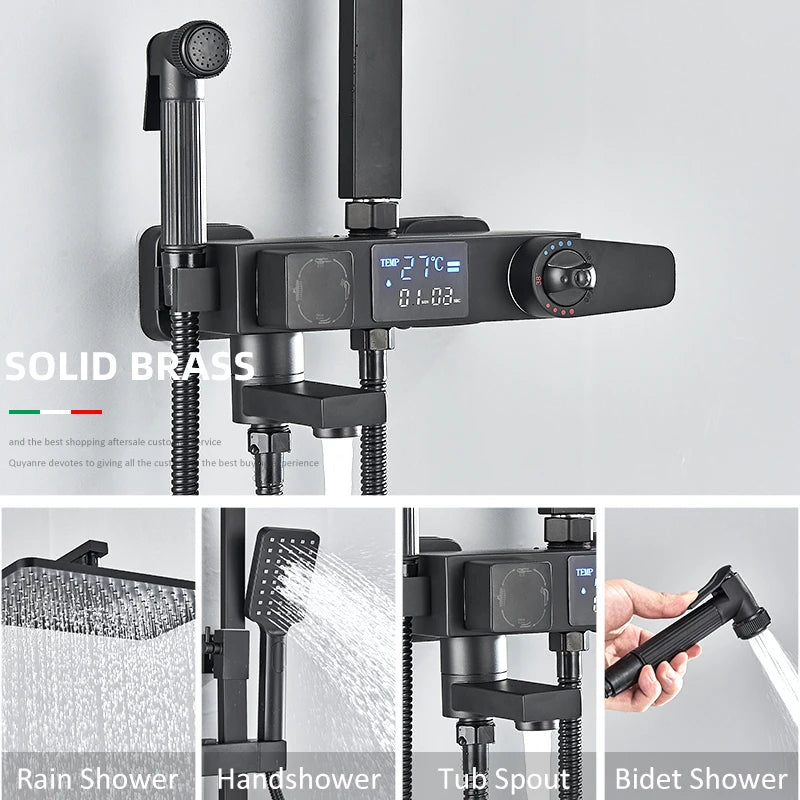 Black Digital Display Thermostatic Shower Faucets Rainfall Shower