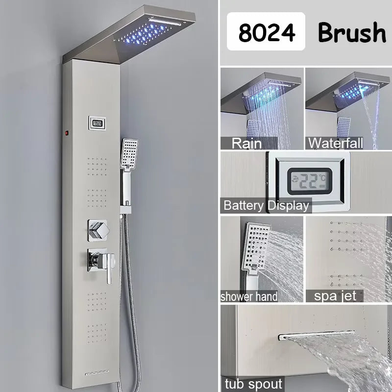 Black/Brushed Stainless Steel 5-Function Waterfall Rain Shower