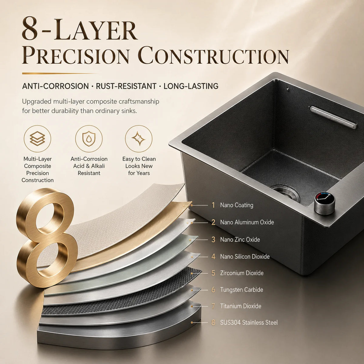 Modern Luxury Waterfall Sink Sus304 Stainless Steel Hidden