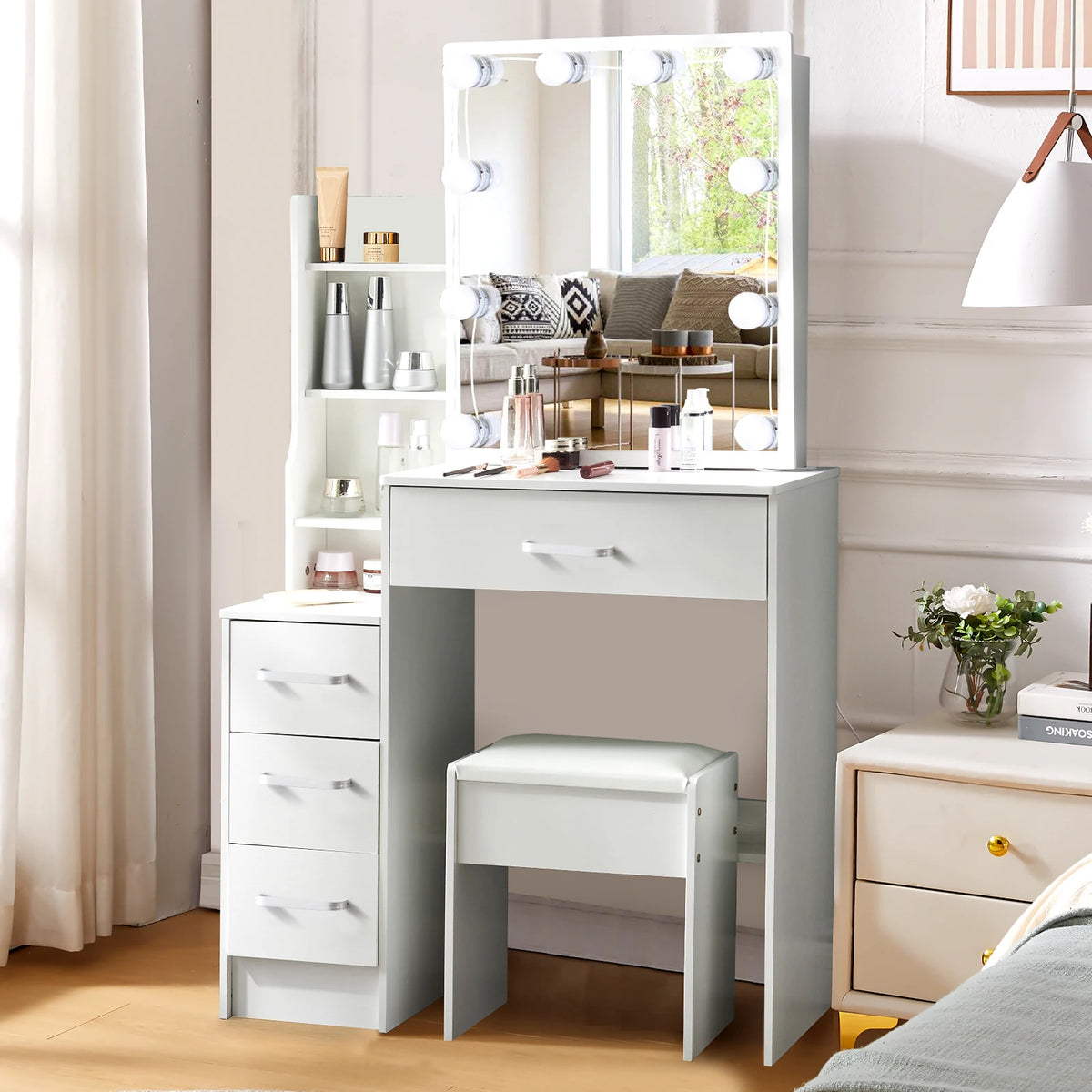 Led Vanity Table Sliding Mirror White Makeup Desk