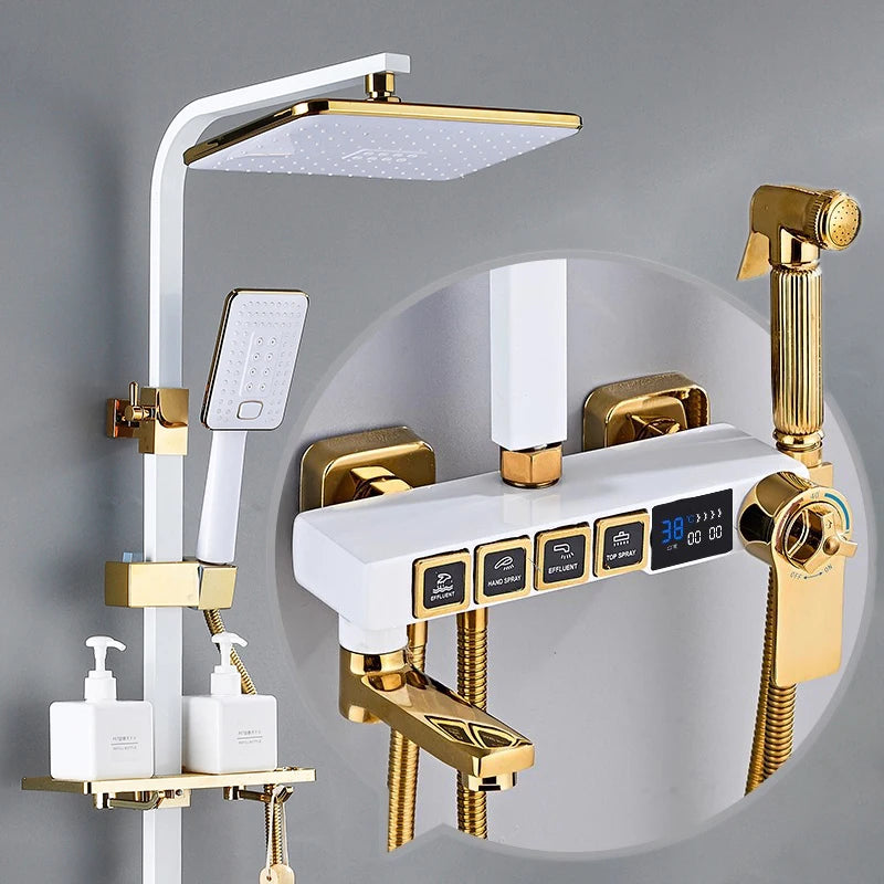 Luxury Thermostatic Bathroom Shower System White Gold Brass