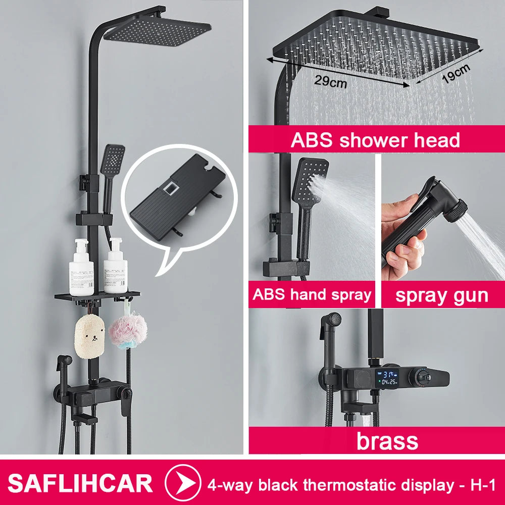 Black/Chrome Brass Shower Faucets Rainfall Shower Shelf Cold