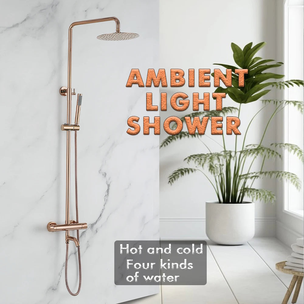 Brushed Rose Gold Thermostatic Exposed Shower System Rainfall