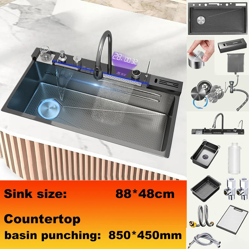 Stainless Steel Sink Waterfall Digital Display Faucet Large