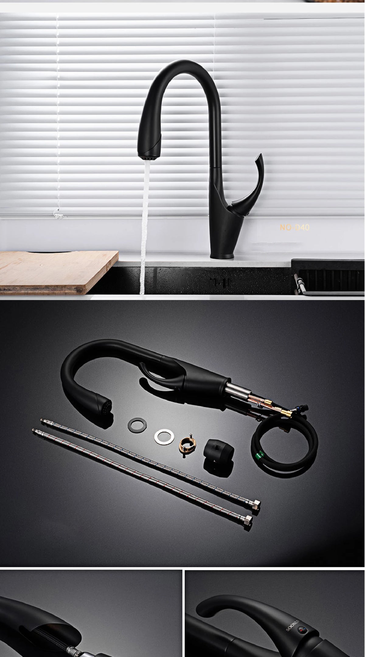 High-End Touch Black Faucet Brass Pull-Out Design Three-Function