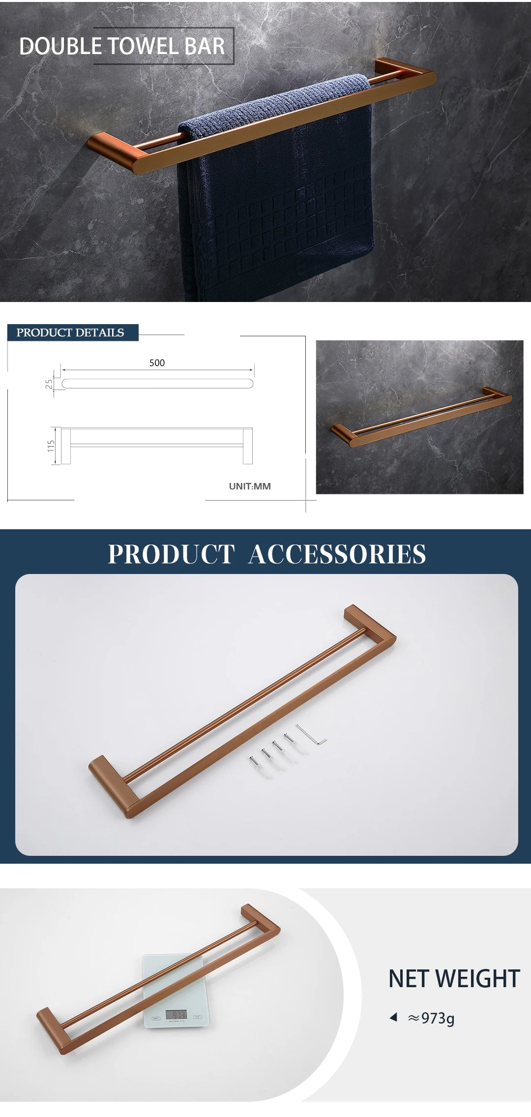 Brushed Rose Gold Toilet Paper Holder Towel Bar