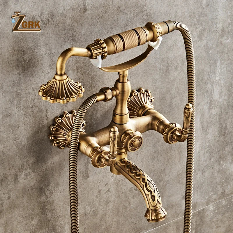 Antique Brass Bathtub Shower Faucets Wall Mounted Bath