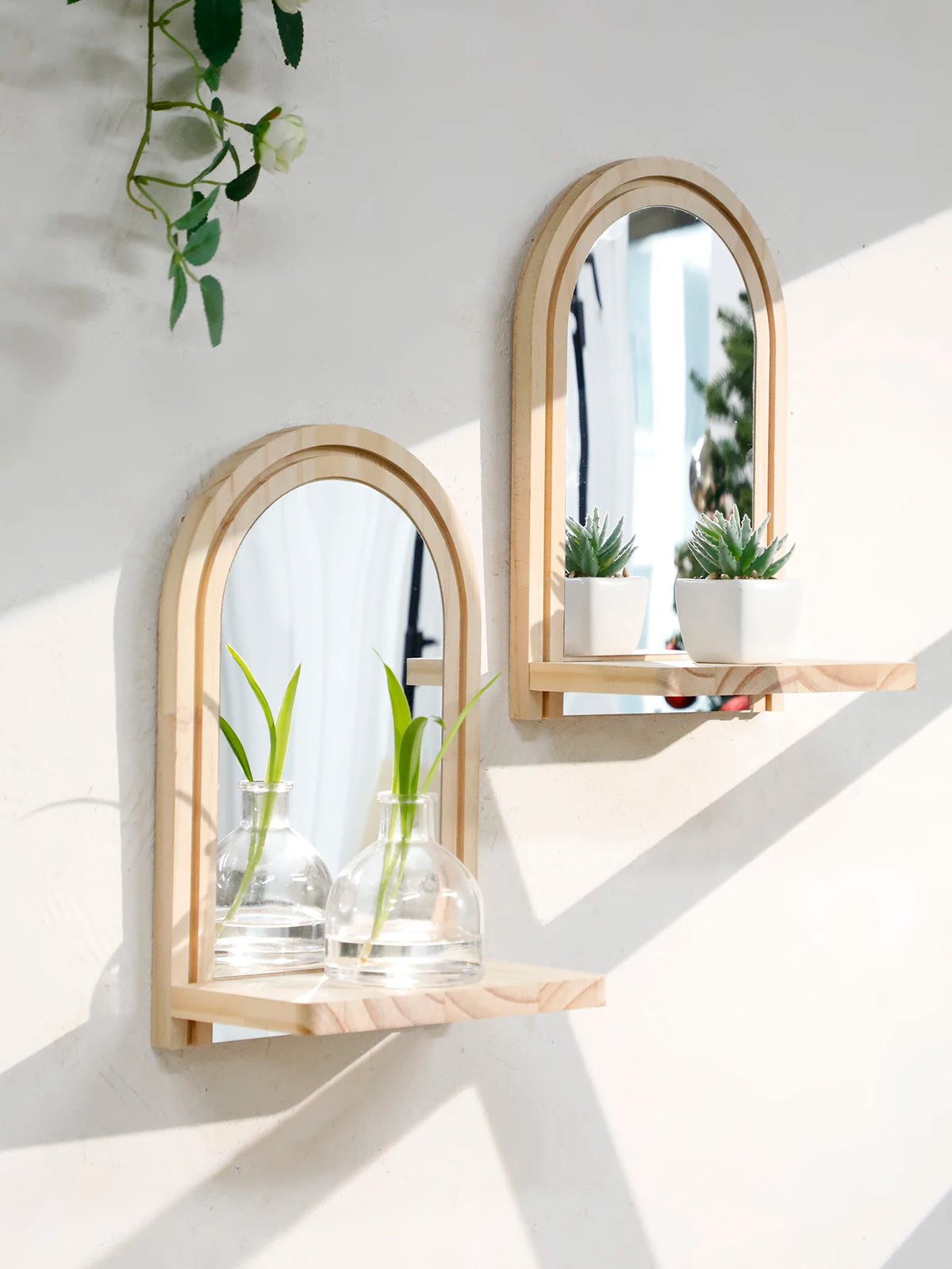Arched Wall Mirror Shelf Natural Wood Hanging Mirror