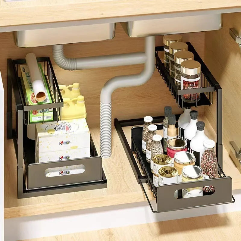 Tier Sliding Under Sink Storage Rack Rustproof Metal