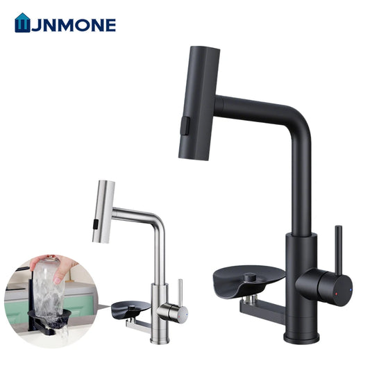 Brushed/Black Sink Faucet Cup Wash Waterfall Pull Out